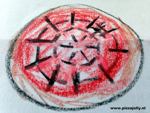 Spinnenweb pizza van PIZZAJOLLY met web van balsamico-tomaatsaus